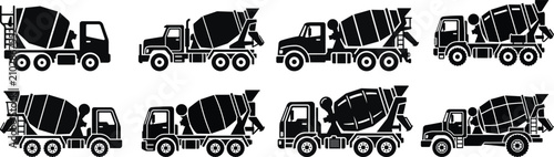 Concrete Mixer Truck Silhouette Icon Set For Construction Industry And Building Vehicle Vector