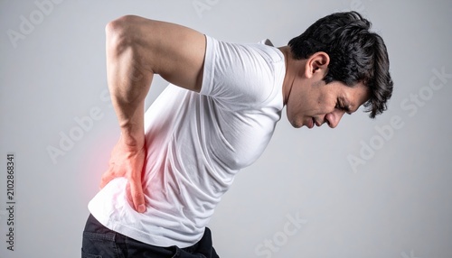 A person bending over slightly in acute physical pain, clutching their lower back with both hands, backache concept.