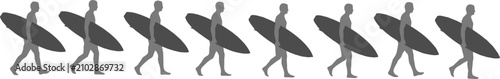 Photography Animation walk cycle sequence of grey male surfer silhouettes carrying a surfboa