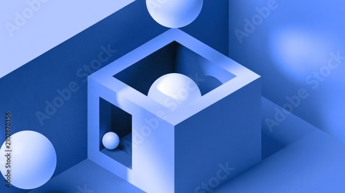 Blue 3D geometric composition with floating spheres and cubes.