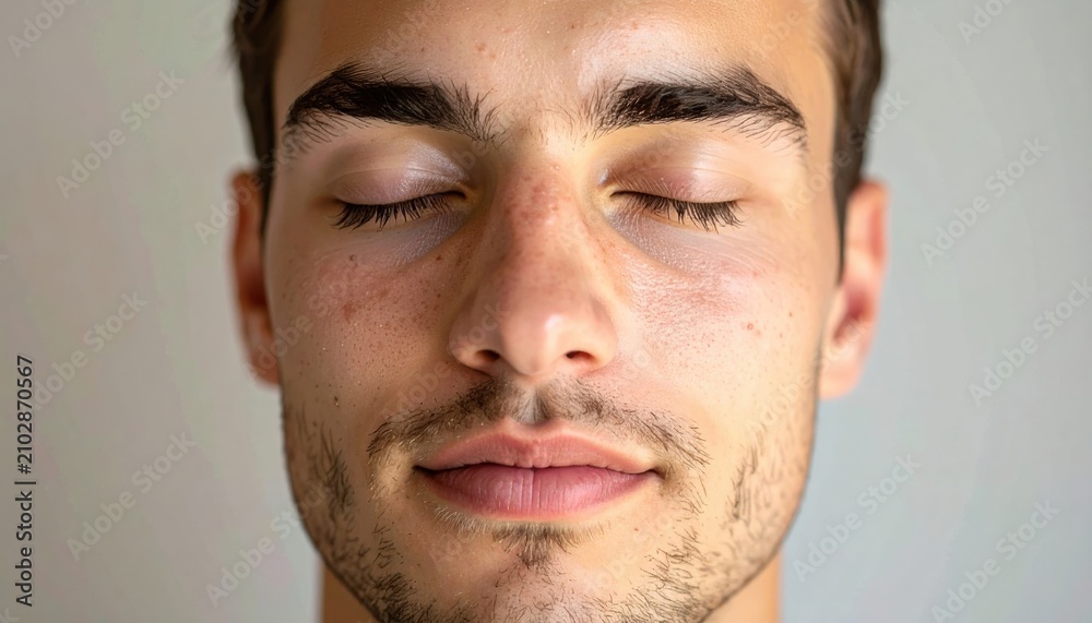 Naklejka premium A close-up portrait of a serene man with his eyes gently closed, enjoying a moment of complete peace and mindfulness.