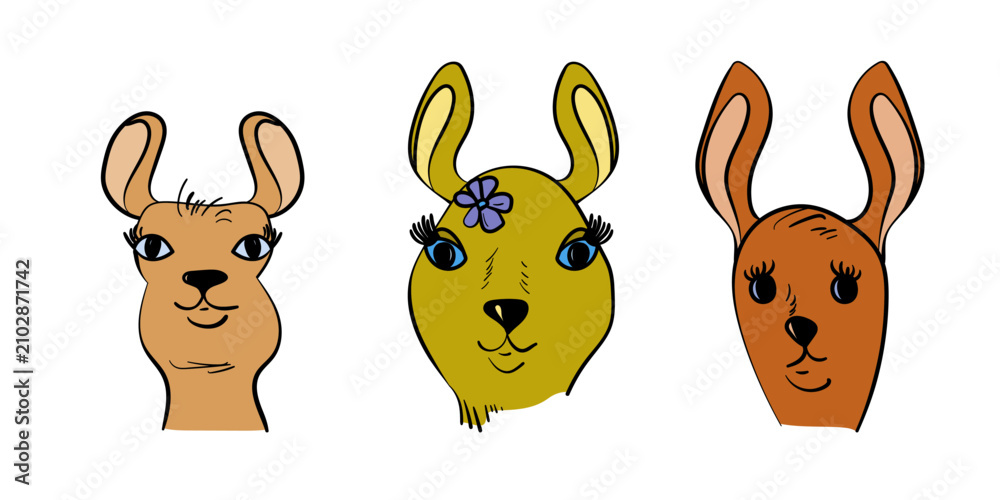 Fototapeta premium set of three cute cartoon llama and alpaca faces with long eyelashes vector illustration