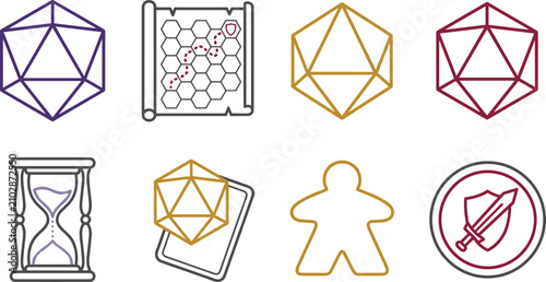 Photos Tabletop Roleplaying Game Icon Set with D20 Dice, Hex Map Scroll, Hourglass, Boa