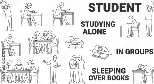 Canvastavla Set of black and white outline illustrations featuring students studying alone,