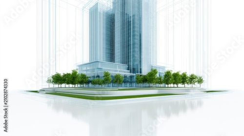 Sustainable glass office tower on green platform.