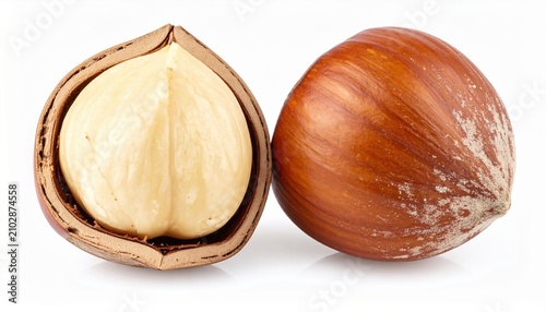 Nut filberts and kernel: A whole brown filbert nut next to a cracked shell and a fresh raw hazelnut kernel, isolated on white.