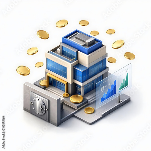 3D Isometric Modern Bank Building with Gold Coins, Digital Finance Dashboard and Investment Growth Concept