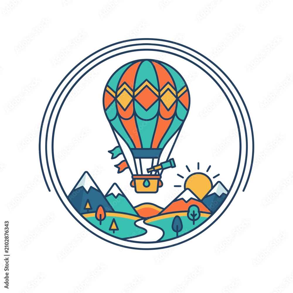 Obraz premium A colorful hot air balloon floats above a scenic mountain landscape