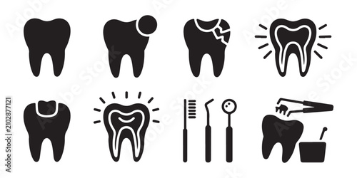 Photos Dental health icons set including tooth decay dental tools broken molar and root canal treatment