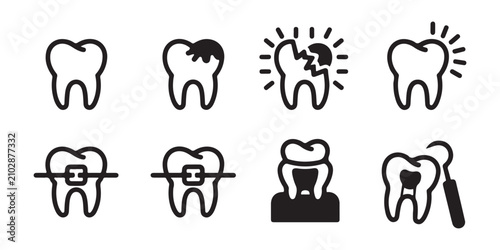 Foto Dental problems icons showing tooth decay broken molar braces and dental checkup tool in outline