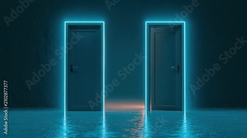Two glowing cyan neon doors in dark room.