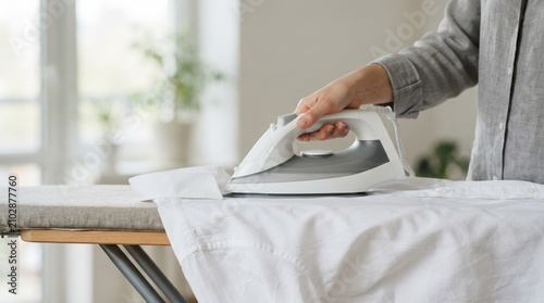 Person ironing a white linen shirt on an ironing board at home for daily household chores and clothing care