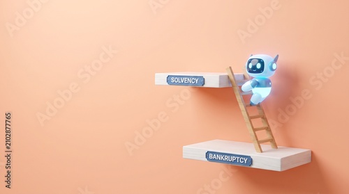 Cute glowing 3D robot climbing wooden ladder from bankruptcy to solvency signs on white shelves, corporate financial recovery and business growth concept on peach background with copy space