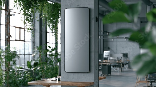 Vertical mirror mockup in modern industrial office.