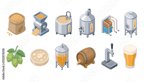 Fotografía Brewing equipment and beer production process icons.