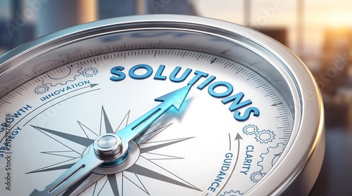 Silver business compass with needle pointing to solutions word for strategic growth and corporate success vision.