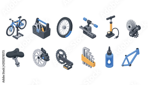 Foto Collection of bicycle parts and accessories illustrated.