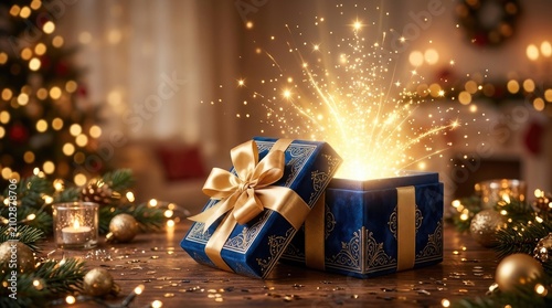 A beautifully wrapped gift box bursts open with golden sparks, set against a warm and festive Christmas background. The gift is adorned with a luxurious blue ribbon and a large golden bow.