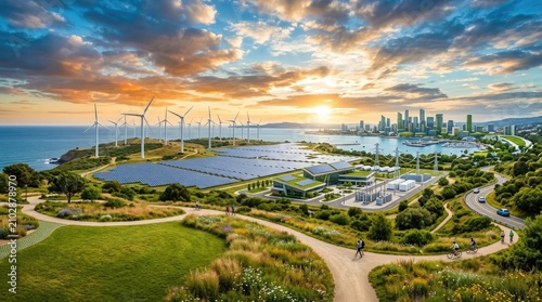 A stunning panoramic view showcases a modern sustainable energy park situated along a coastline.