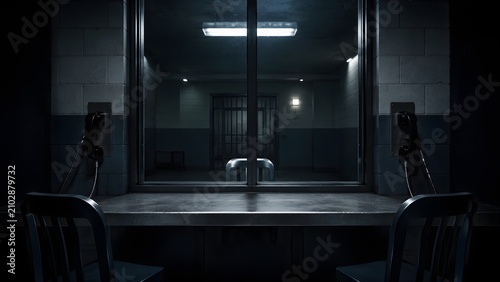 The interrogation room is dark and ominous, with two chairs facing a table and a large window. The room appears empty but has a sense of tension and suspense