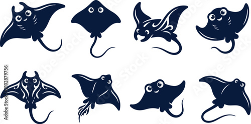 Schilderij op canvas Dark blue manta ray and stingray swimming silhouettes vector set