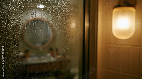 Water droplets on glass with blurred bathroom mirror background.
