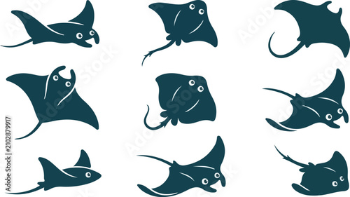 Konstfotografi Dark teal stingray and manta ray swimming poses silhouette set