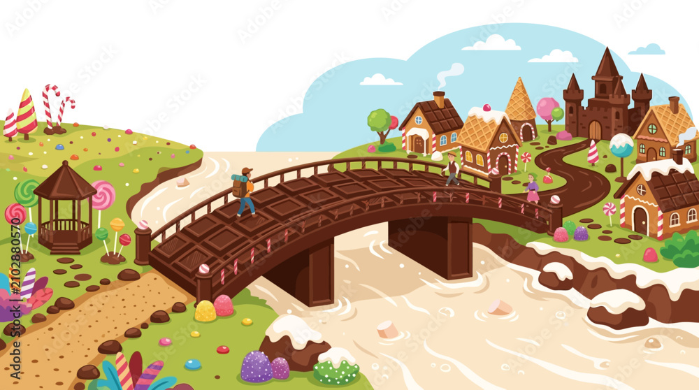 Fototapeta premium A whimsical candy land landscape featuring a chocolate bridge over a creamy river with gingerbread houses.
