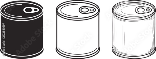 Set of three tin cans in solid silhouette line art outline textured sketch styles container packaging