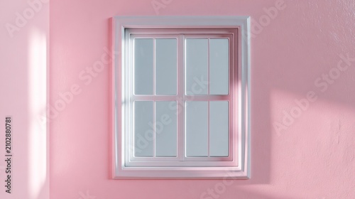 White window frame on pink wall with sunlight shadows.