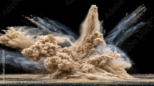 Wide spray of tan sand exploding outwards.