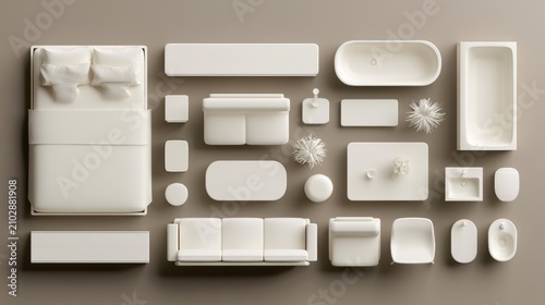 3D top down white furniture models for layout.