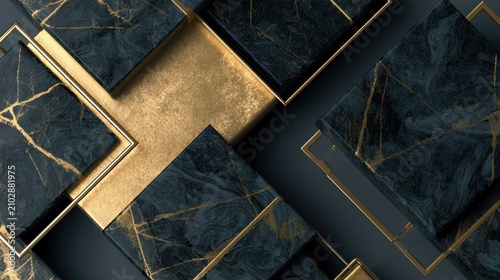 Abstract 3D cubes of dark marble and gold.