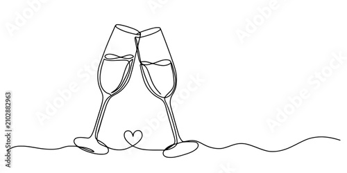 Foto Continuous single line drawing of two champagne glasses clinking together for a