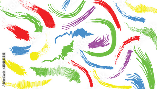 Colorful paint brush strokes collection, vibrant artistic ink splatters and smears, hand drawn textured acrylic brushstroke vector set