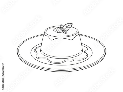 A mint panna cotta sits on a decorative plate. The dessert is topped with fresh mint leaves.