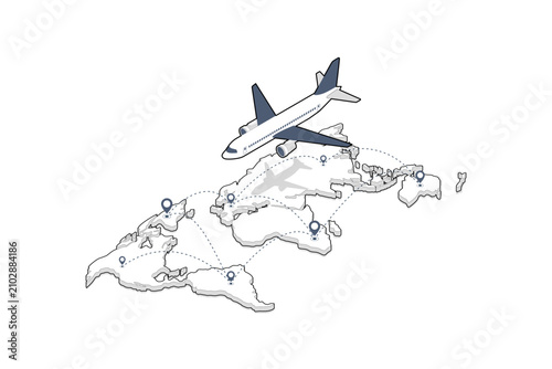 Canvastavla Isometric line art of a commercial airplane flying over a 3D world map with flight routes and location pins