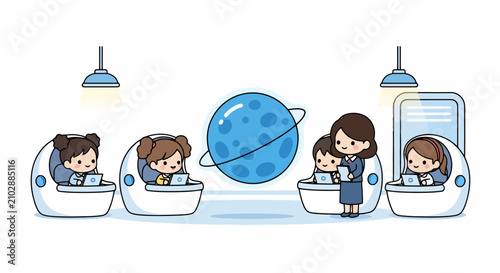 Children and teacher in futuristic learning pods with a planet.