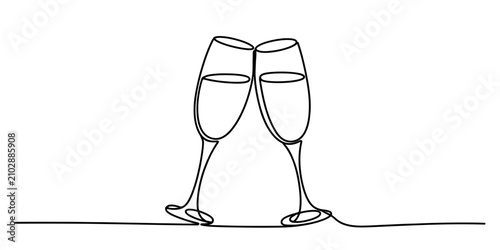 Obraz na płótnie Two champagne glasses clinking together in a simple continuous line drawing for