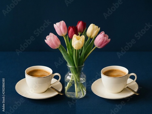 Two cups of coffee and tulips on dark blue background