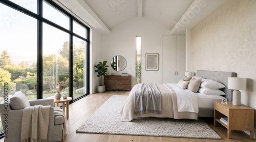 Modern Minimalist Master Bedroom Interior with Large Windows and Natural Light