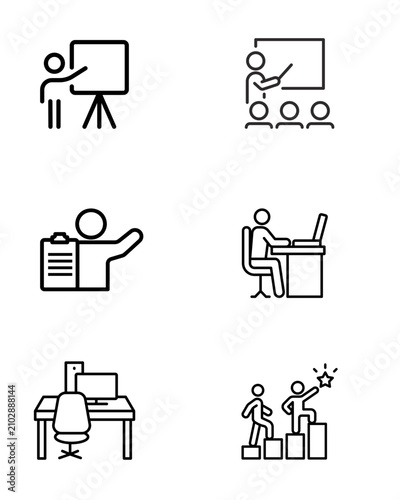 Minimal black outline business presentation icon pack showing teaching meetings planning office work teamwork leadership and growth symbols for corporate training websites reports and infographics