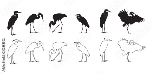 Foto Wetland bird silhouettes set featuring heron stork flamingo pelican spoonbill crane and more