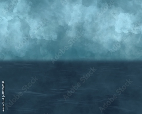 Abstract Dark Blue Ocean and Cloudy Sky Watercolor Landscape Background