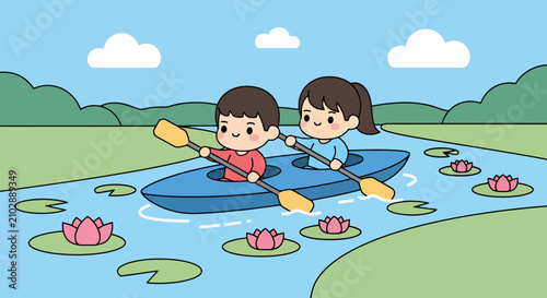 Two cartoon children paddling a blue kayak together.
