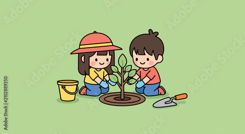 Two children planting a small tree together, symbolizing environmental care.