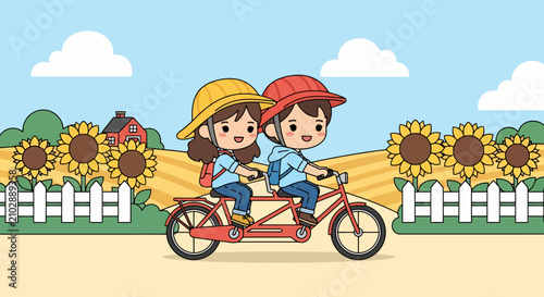 Two happy children riding a tandem bicycle together.