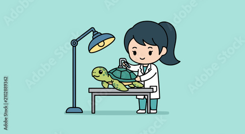 Veterinarian examining a sea turtle in a clinic setting.