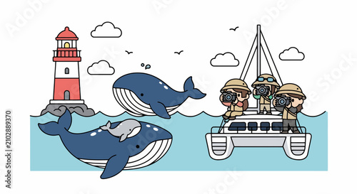 Whale watching tour with tourists observing marine life near a lighthouse.