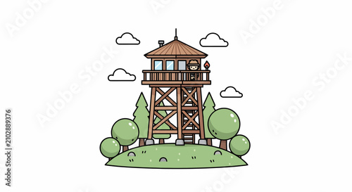 Wooden observation tower in a natural landscape with trees and clouds.